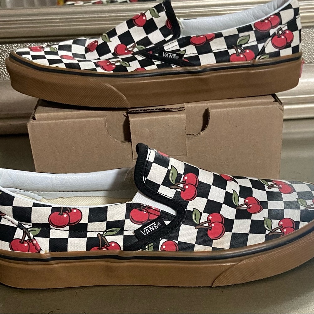 Vans ~ Cherry and Checkerboard print with gum sole